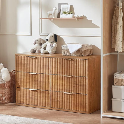 LEYAOYAO Fluted 6 Drawers Dresser Set of 2, 48" Wide Modern Chest of Drawers with Wood Grain Top, Curved Profile Design, Dresser TV Stand, Wooden Drawer Organizer for Bedroom, Living Room,Brown