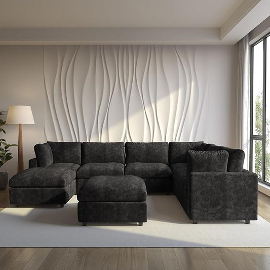 Modular Sectional Sofa with Ottoman,167inch U Shaped Convertible Cloud Couch,8 Seater Convertible V Shaped Living Room Sets,Cover Washable and Replaceable Couches for Living Room,Black