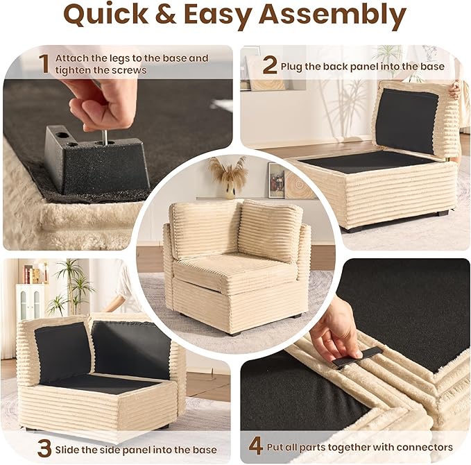 130'' Modern Modular Sectional Sofa with Ottoman, 8 Pieces U Shaped Cloud Couch for Living Room, Oversized Deep Seat Convertible Sofa Set, Plush Corduroy Beige