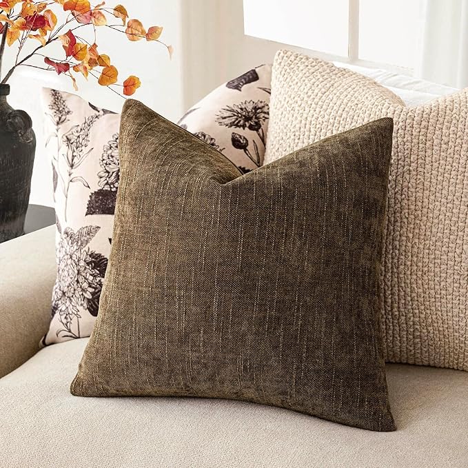 Foindtower Pack of 2 Soft Textured Chenille Throw Decorative Pillow Covers Square Accent Solid Cushion Cover Neutral Farmhouse Pillow Case for Couch Sofa Bedroom Living Room 26x26 Inch,Taupe Brown