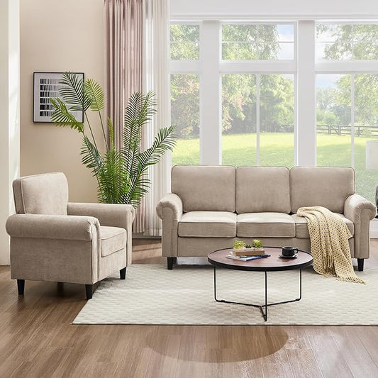 Kingfun 3 Seater Couch with Chair, Mid Century Modern Sofa Set with Rolled Arms and Deep Seats, Fluffy Comfort for Living Room, Apartment, Easy Assembly, Khaki