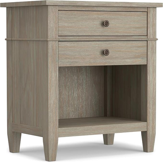 SIMPLIHOME Carlton Bedside Table - 24 inch Wide Solid Wood Nightstand Table in Distressed Grey, Transitional Bedroom Side or End Table with 2 Drawers, Open Storage Shelf and Bronze Hardware