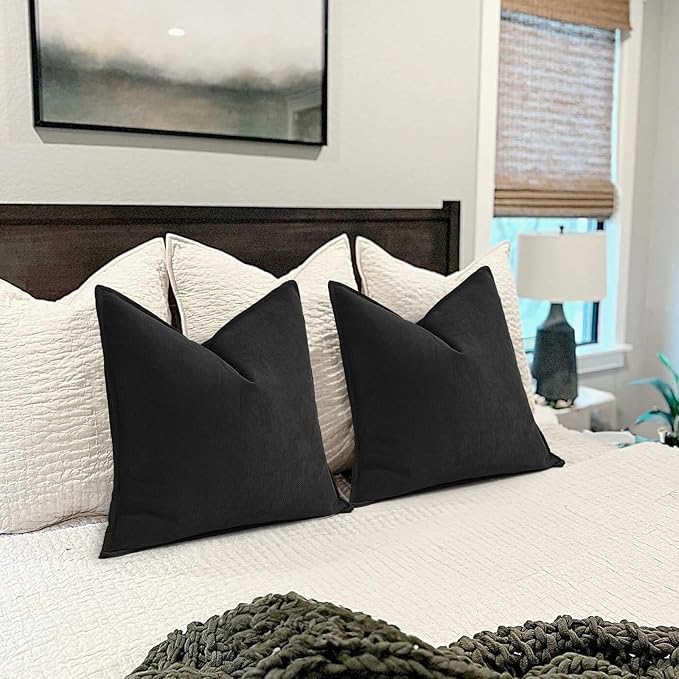 ZWJD Black Pillow Covers 18x18 Set of 2 Chenille Throw Pillow Covers with Elegant Design Soft and Luxurious Decorative Throw Pillows for Couch, Bed, and Home Decor
