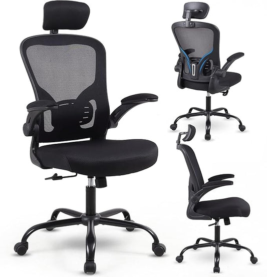 Flysky Ergonomic Office Chair, Mesh Home Office Desk Chair with Flip-up Arms and Lumbar Support, Height Adjustable, Swivel, Black-Headrest