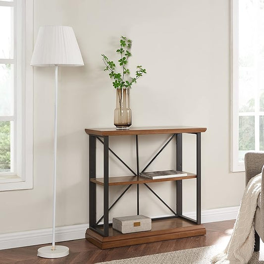 Leick Home Finnick Mixed Metal Bookshelf, Wood, Gray Steel, 2 Shelves, Easy Assembly, Freestanding Bookcase for Living Room or Office, Industrial Design, 32 in W x 30 in H x 12 in D, Item 11832-WLGM