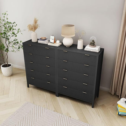 Fluted 5 Drawer Tall Dresser for Bedroom, Mid Century Modern Nightstand with Drawers, Tall Bedside Table for Closet Cloth, Living Room End Table with Storage for Dorm -Black