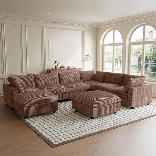 Cloud Modular Sectional Sofa Couch, 8 Seater Oversized Couch, 157.4" U-Shaped Convertible Couches with 2 Ottomans, Deep Sofa Couches for Living Room, Washable & Replaceable Covers, Brown