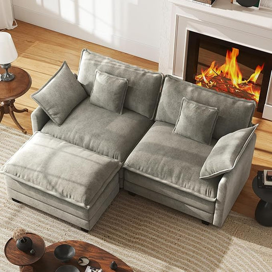 WorthFurni 77 Inch L Shape Cloud Sofa, Modular Sectional Couch with Ottoman, Comfy Chenille Deep Seat Loveseat with Pillow for Living Room Bedroom Apartment （Grey）