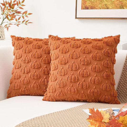 Kevin Textile Fall Pumpkins Pillow Covers 18x18 Inch Set of 2 Cute Autumn Decorative Square Pillowcases Soft Faux Fur Cushions Harvest Gift for Couch Sofa Chair Bedroom Home Decor, Brown