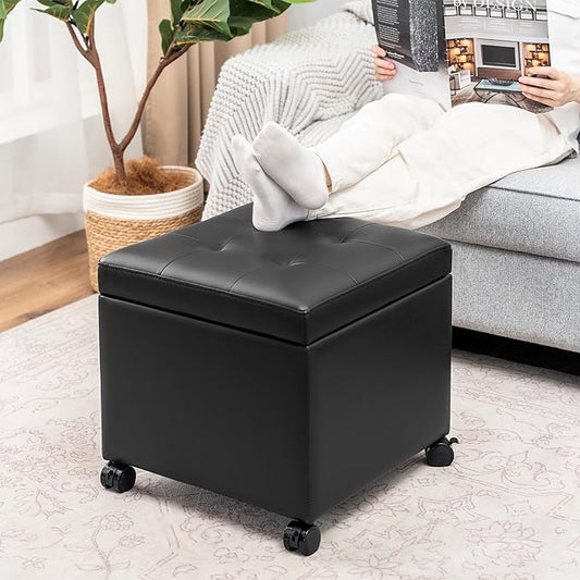 Adeco Modern Leather Ottoman with Wheels, 18.8" Black Square Rolling Ottoman with Storage, Upholstered Button Tufted Vanity Stool with Hinged Lid for Living Room, Bedroom, Dorm