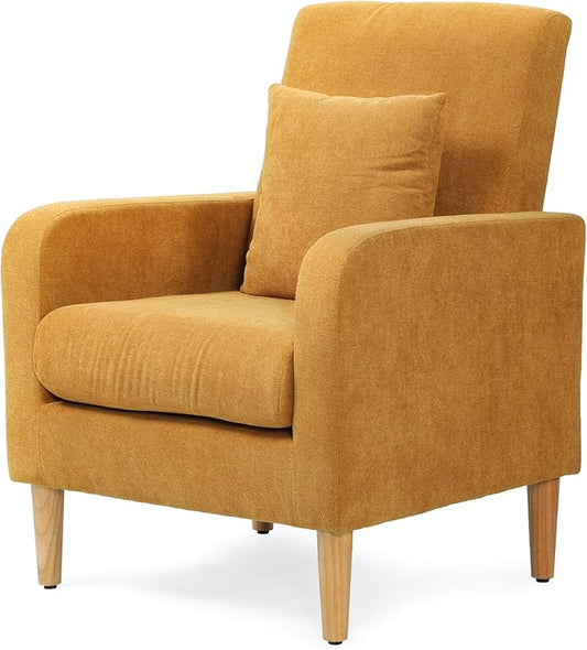 Athena Collection Armchair Modern Accent Chair Upholstered Sofa Chair with High Back, Linen Lounge Living Room Chair Single Reading Seat with Pillow & Thick Seat Cushion for Bedroom, Yellow