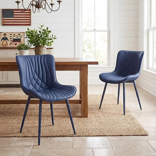 YOUTASTE Navy Blue Dining Chairs Set of 2, Mid Century Modern Comfy Kitchen Chair, Upholstered Faux Leather, Navy Blue Metal Legs, Armless Accent Chairs for Bedroom Vanity Lounge