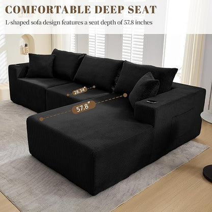 107" Cloud Sectional Couch, Modular Sectional Sofa with L-Shape Chaise, Corduroy Boneless Couch with Deep Seat, Upholstered Sofa for Living Room, No Assembly Required(Right-Facing Chaise, Black)