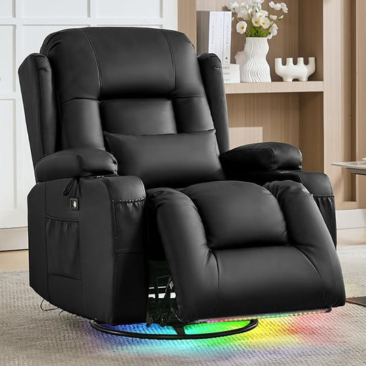 URRED Rocker Recliner Chair for Adults, 270° Swivel Glider Reclining Single Sofa with LED Ambient Light, Cup Holders and Side Pockets, Faux Leather Recliner for Living Room or Home Theater, Black