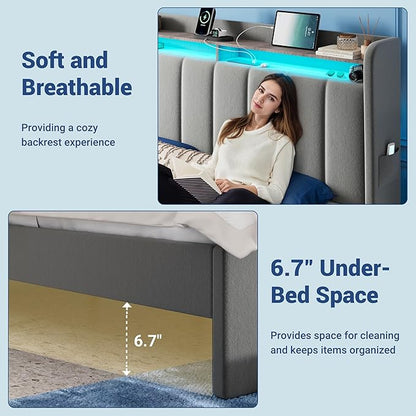 Allewie Velvet Vertical Tufted Full Size Upholstered Platform Bed Frame with 2-Tier LED Storage Headboard & 2 Storage Drawers, USB & Type-C Charging Ports, Noise-Free/No Box Spring Needed, Grey