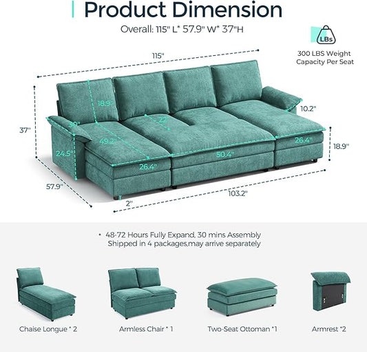 LINSY HOME Sleeper Sofa Bed, 115" Modular Sectional Sofa Bed with Double Layer Cushious, Comfy Cloud Sofa Couches for Living Room, Apartment, Home Theater, Green
