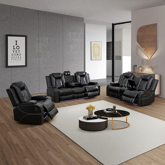 Power Recliner Sofa Set with LED, Black Leather Reclining Living Room Sofa, Muti-Functional Recliner Sofa and Couch with Storage Console/Cup Holders/USB Ports