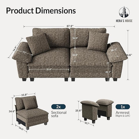 HERA'S HOUSE 88" Modular Sectional Sofa, Loveseat Couches for Living Room, Comfy Cloud Couch 2-Seater Deep Seat Sofa with Throw Pillow, Chenille Ash