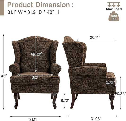 Pia Ricco Set of 2 High Back Accent Chairs: Upholstered Fabric Armchairs with Solid Wood Legs - Retro Living Room Pair, Comfy Reading Sofa Seats-Cranberry