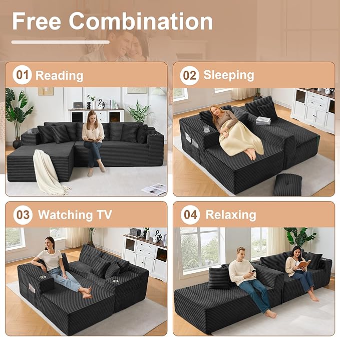 Modular Sectional Sofa, L Shaped Comfy Cloud Couch with Deep Seat, Boneless Couch for Living Room, Modern Sectional Sleeper with Chaise, No Assembly Required, Sofa in A Box, Black Corduroy