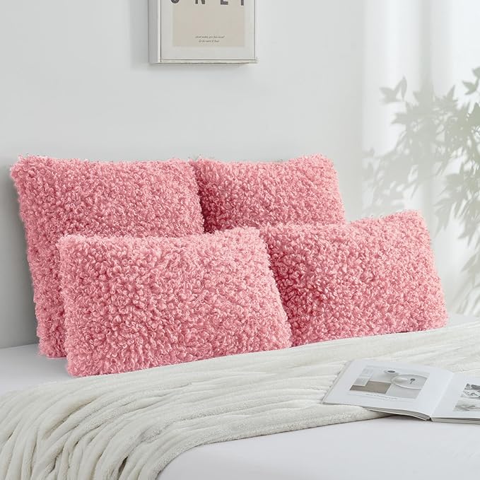 FUTEI Pink Decorative Throw Pillow Covers 20x20 Inch Set of 2,Soft Fluffy Faux Wool Fur Boucle Textured Cushion Case,Modern Home Decor for Couch Bed Living Room Office