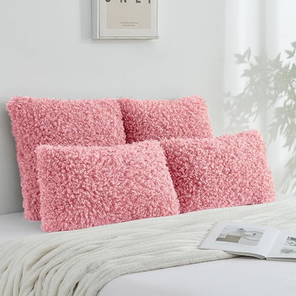 FUTEI Pink Decorative Throw Pillow Covers 18x18 Inch Set of 2,Soft Fluffy Faux Wool Fur Boucle Textured Cushion Case,Modern Home Decor for Couch Bed Living Room Office