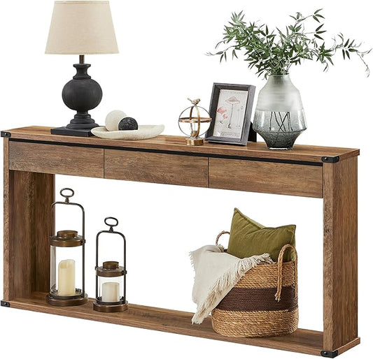 VASAGLE Sofa Console Table, 63 Inches Narrow Entryway Table with 3 Drawers, Bottom Shelf, Metal Corners, for Living Room, Bedroom, Farmhouse Style, Honey Brown ULNT146KB01S