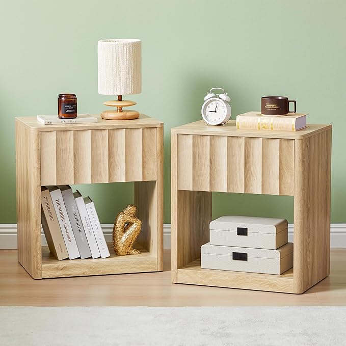 Fluted Dresser, Small Nightstands Set of 2, Natural Bedside Table with Drawer and Storage, Mid Century Modern Side Table for Bedroom Living Room Sofa