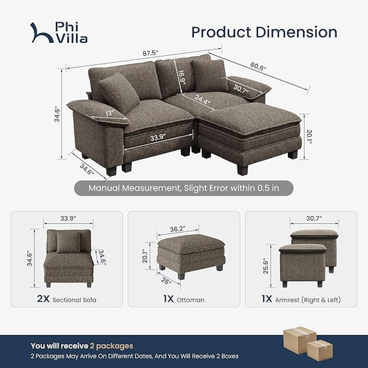 PHI VILLA Cloud Modular Couches Sets, 87.5" Sectional Loveseat Sofa with 1 Movable Ottoman, 3-Seater Comfy Couches for Living Room Apartment, Chenille Fabric, Smoky Grey