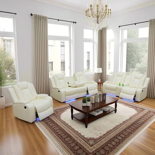 Power Recliner Sofa Set with LED, Creamy White Leather Reclining Living Room Couch, Muti-Functional Recliner Leather Sofa Set with Storage Console/Cup Holders/USB Ports