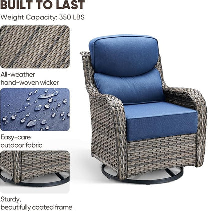 Swivel Patio Chairs Set of 3 with 6" Thick Cushion - Wicker Outdoor Swivel Rocker Patio Chairs with Side Table, High Back Comfortable Outdoor Glider- Grey Wicker | Blue Cushions