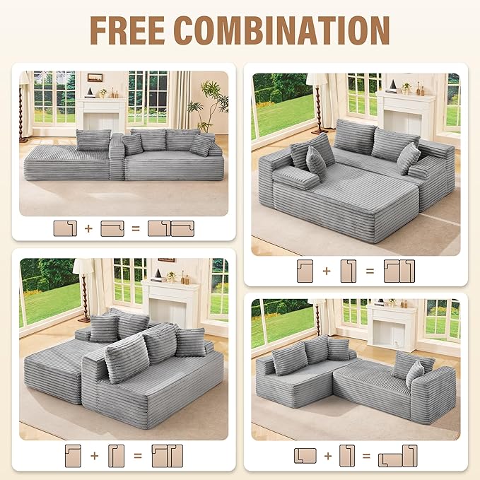 Hobestluk Modular Sectional Couch Sofa, 108" Boneless Couches for Living Room, Memory Foam Sectional Couch with Oversized Chaise,L-Shape Couches (Grey, Left Facing)