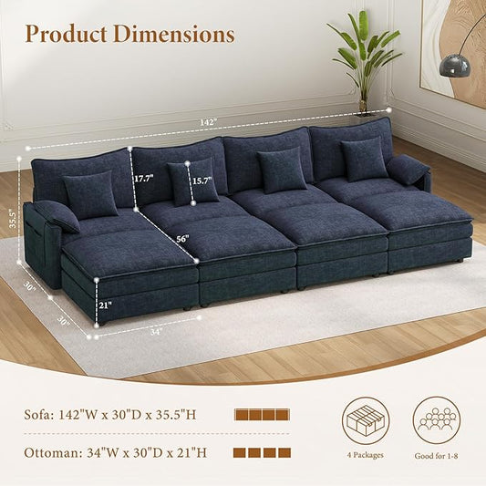 Vesgantti 142" Oversized Sectional Sofa Bed, 8-Seater Modular Sleeper Cloud Couch with Movable Ottoman, Chenille Convertible Sofa Set Deep Seat Couches for Living Room, Bedroom and Apartment, Blue