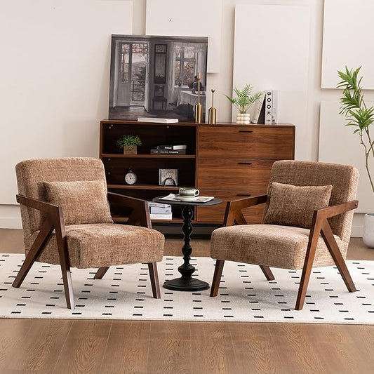 Mid-Century Modern Accent Chair Set of 2 with Solid Wood Frame，Upholstered Chenille Living Room Arm Chairs with Pillow for Bedroom, Living Room, Reading Room, Balcony, Brown