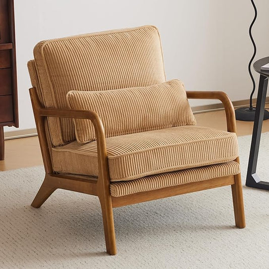 VINGLI Upgraded Premium Corduroy Accent Chair,Upholstered Arm Chair,Solid Wood Comfy Reading Chair with Lumbar Pillow, Mid Century Modern Chairs for Living Room,Bedroom,Guest Room,Khaki
