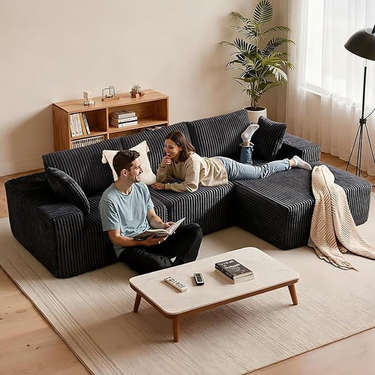 Apicizon 113" Sectional Sofa Couch for Living Room, 3 Seat Boneless Sofa with Chaise Longue, L-Shape Modular Sectional Couches with Deep Seat for Apartment，No Assembly Required (Stripe Corduroy Gray)