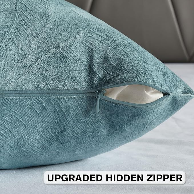 FUTEI Grey Blue Velvet Throw Pillow Covers 12x20 Inch Set of 2,Soft Embossed Leaf-Relief Textured Lumbar Pillow Cases,Natural Home Decor for Couch Living Room