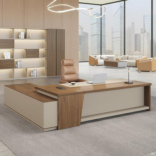 Modern L Shape Executive Desk with Drawers and Lockable Storage Cabinet, Large Executive Office Desk with Cable Management (Champagne Wood Grain+Beige/Right,79" L*63" W*30" H)