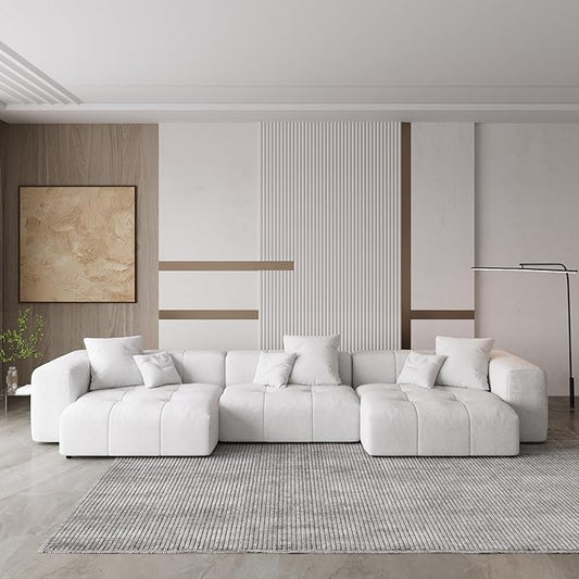 WJShome 144" Sectional Couches for Living Room,Modular Sectional Sofa, U Shaped Couch, Linen Deep Seat Cloud Couches with Pillow for Living Room,White