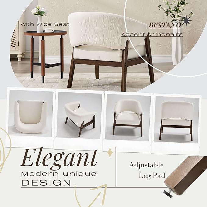 Modern White Accent Chair, Upholstered Armchair Living Room Chair for Bedroom, Comfy Barrel Reading Nook Chairs, Chenille, Wood Legs,1PC