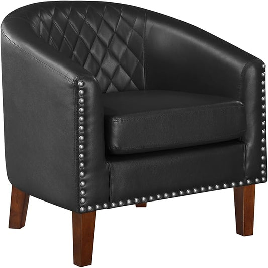 Prilinex Comfy Barrel Accent Chair - Faux Leather Living Room Chair Club Chair with Cushion, Diamond Grid Backrest & Nailhead Trim, Guest Chair for Office, Bedroom & Waiting Room, Black
