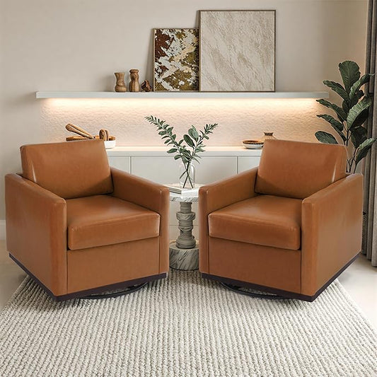 Pia Ricco Easy to Clean PU Swivel Barrel Chair Set of 2, Modern Faux Leather Accent Armchair, Mid-Century Style for Living Room & Office, Vegan Leather, Brown