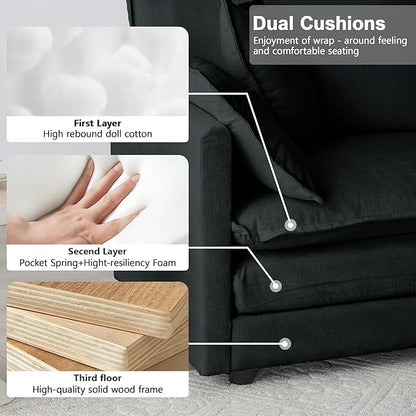 Modular Sectional Sofa, 111.5 Inch I-Shaped Cloud Sofa with Deep Seat Chenille Sofa with Cushions, Three-Self Sectional Sofa for Living Room Apartment,Black