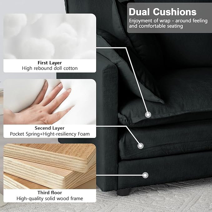 Modular Sectional Sofa, 146.5 Inch I-Shaped Cloud Sofa with Deep Seat Chenille Sofa with Cushions, Four Seater Sectional Sofa for Living Room Apartment,Black