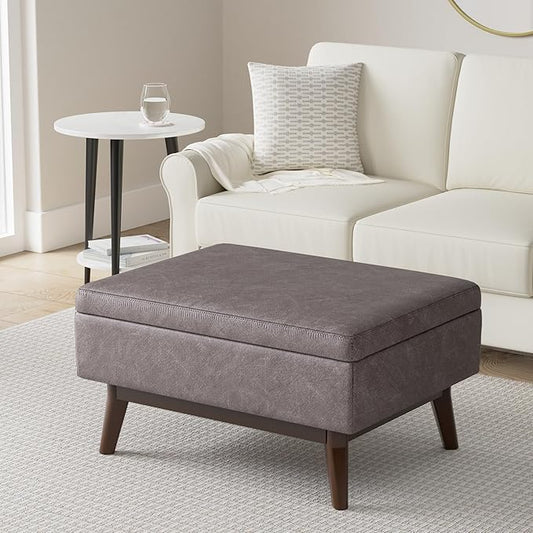 SIMPLIHOME Owen 34 inch Wide Mid Century Modern Rectangle Coffee Table Storage Ottoman in Distressed Grey Taupe Vegan Faux Leather, Assembled, for the Living Room, Entryway and Family Room