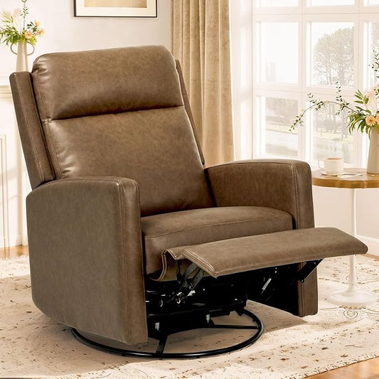 COLAMY Swivel Rocking Recliner,Wide PU Leather Glider Sofa Chair with Ergonomic High Backrest for Living Room,Bedroom（ Brown）