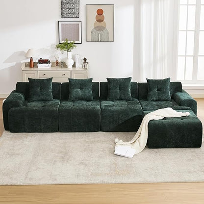 129.23”Modular Sectional Couch for Living Room, Modren L-Shape Cloud Sectional 4-Seater Sofa with 2 Movable Ottomans, Woven Texture Upholstery Boneless Couch, No Assembly, Green