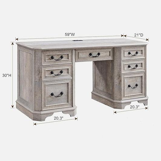 RedLemon 60" Executive Desk with Drawers,Wood Home Office Desk, Featuring Keyboard Tray,Charging Station,File Drawer, Storage Cabinet,for Work and Study (Light Rustic Oak)