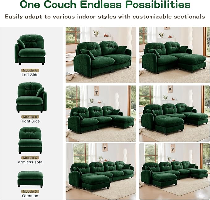 74" Loveseat for Living Room, Comfy Chenille Fabric Cloud Sectional Couch, Modern Upholstered Deep Seat Sofa with Armrest Pillow, Two Seater Couch for Small Spaces, Green
