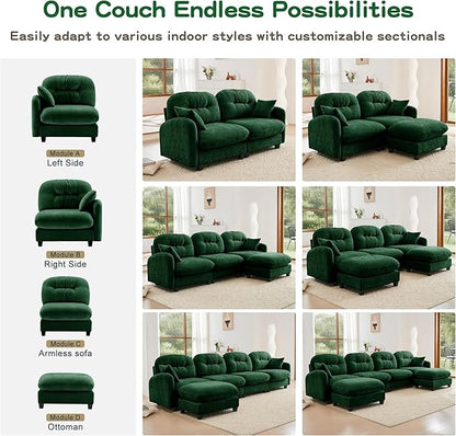 74" Loveseat L Shaped Sofa with Ottoman, Comfy Chenille Fabric Cloud Sectional Couch, Modern Upholstered Deep Seat Sofa with Armrest Pillow, Cloud Couch for Small Spaces Apartment, Green